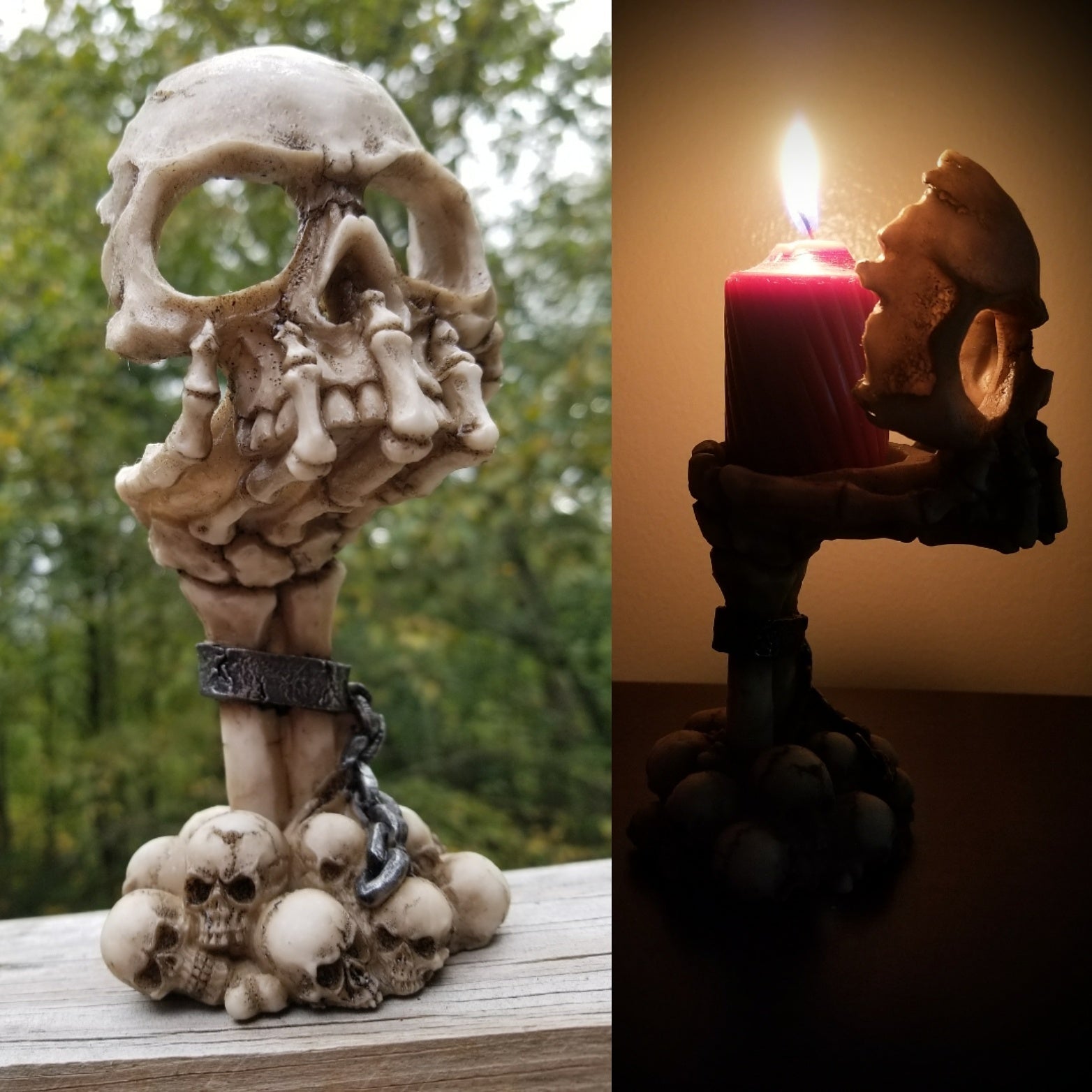 Aged Miniature Skull Gothic Candlestick Holder on A Rustic Salvaged Fence  Post Base -  Canada